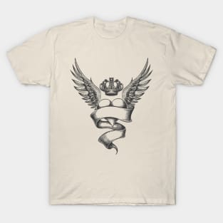 Heart with Crown and Wings Tattoo in Engraving Style. T-Shirt